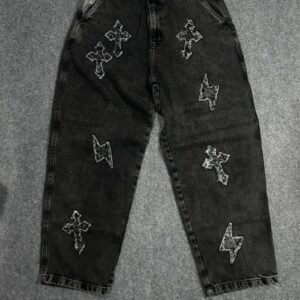 Calça Jeans Baggy Preta Bordada