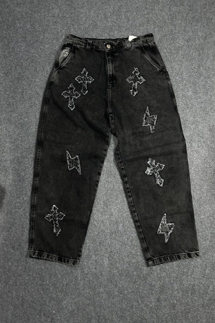 Calça Jeans Baggy Preta Bordada