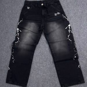 Calça Jeans Baggy Preta com Estampa Lateral