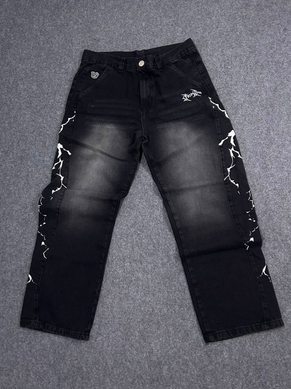 Calça Jeans Baggy Preta com Estampa Lateral